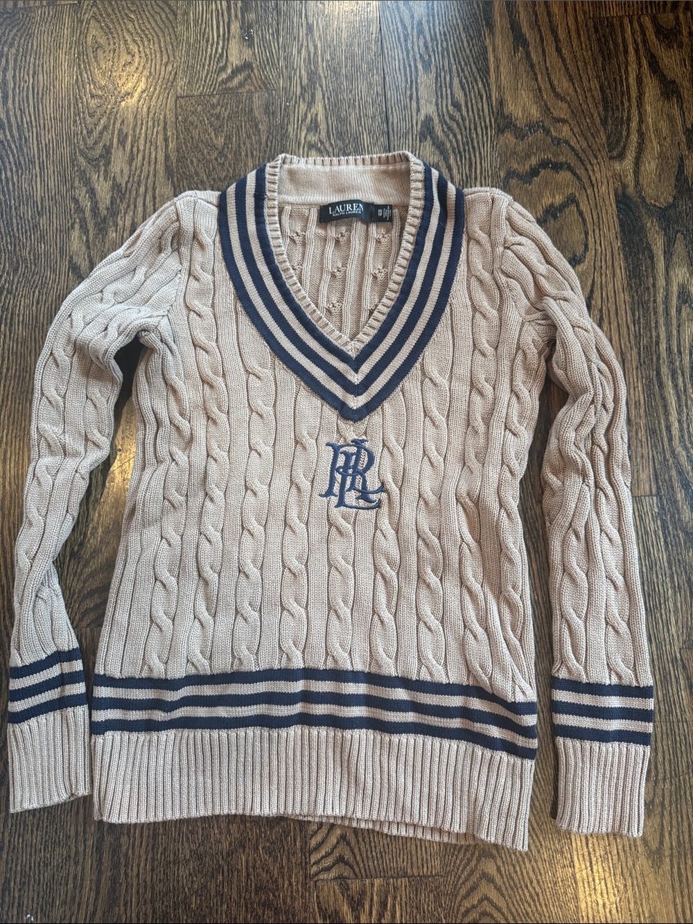 Lauren Ralph Lauren Cable Knit Varsity Sweater Tan Navy Logo XS